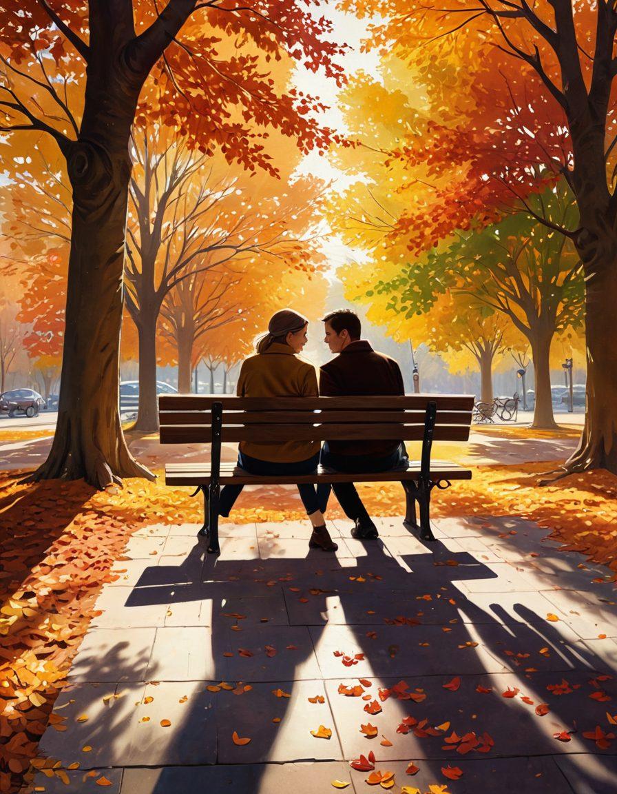 A couple sitting on a cozy park bench, gazing into each other's eyes with sincere smiles, surrounded by vibrant autumn leaves and soft sunlight filtering through the trees. A heart-shaped shadow forms on the ground, symbolizing love and deep connection. super-realistic. warm colors. serene atmosphere.