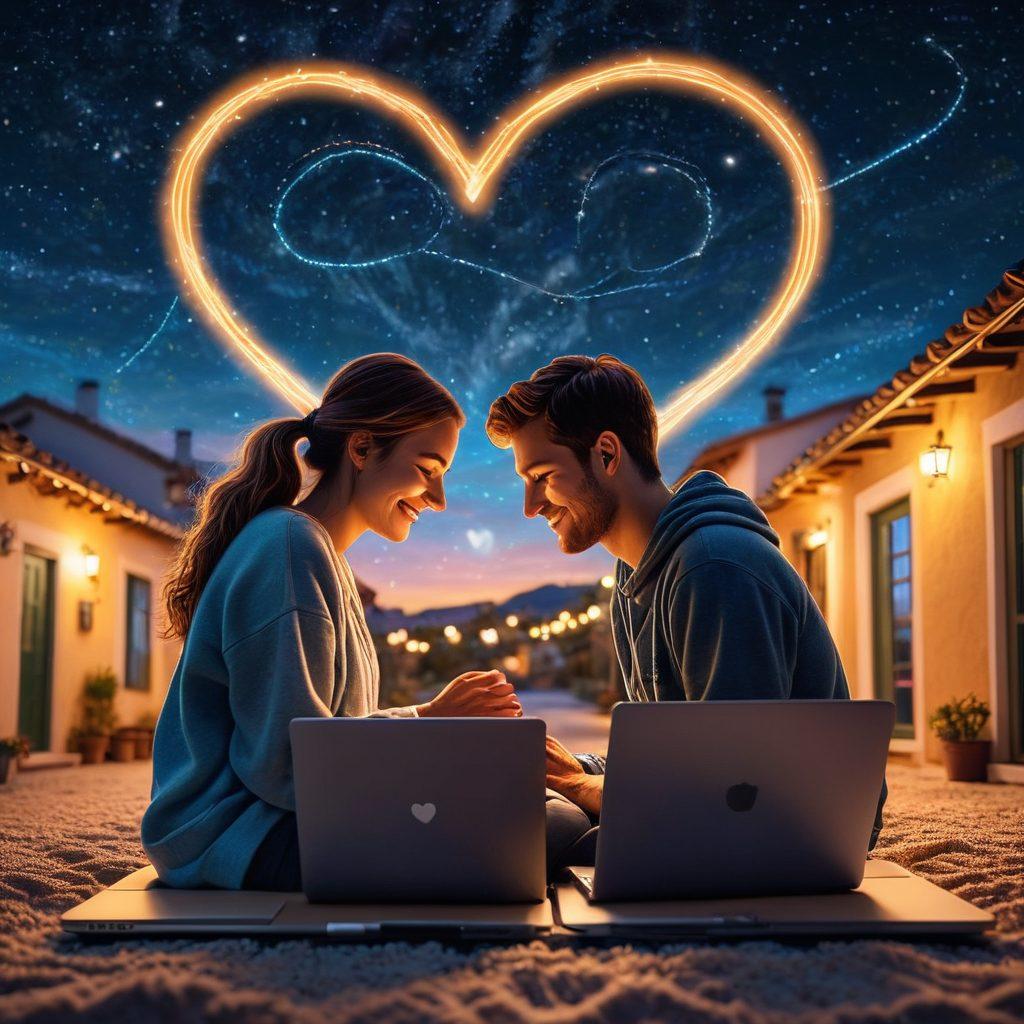 An intimate scene of a couple in a long-distance relationship, each in different cities, connected with a glowing, heart-shaped line through their laptop screens. Both individuals are smiling, surrounded by cozy elements like photos, letters, and personalized gifts. Starry night sky in the background to symbolize infinite love. super-realistic. vibrant colors.