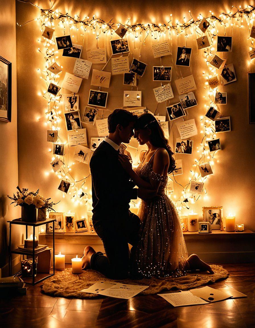 A cozy, candle-lit scene with a loving couple sharing an intimate moment, surrounded by heart-shaped sparkles. The backdrop has elements of handwritten love letters, vintage photographs, and soft, glowing fairy lights. The atmosphere is warm and inviting, evoking deep emotions and connection. vibrant colors. super-realistic.